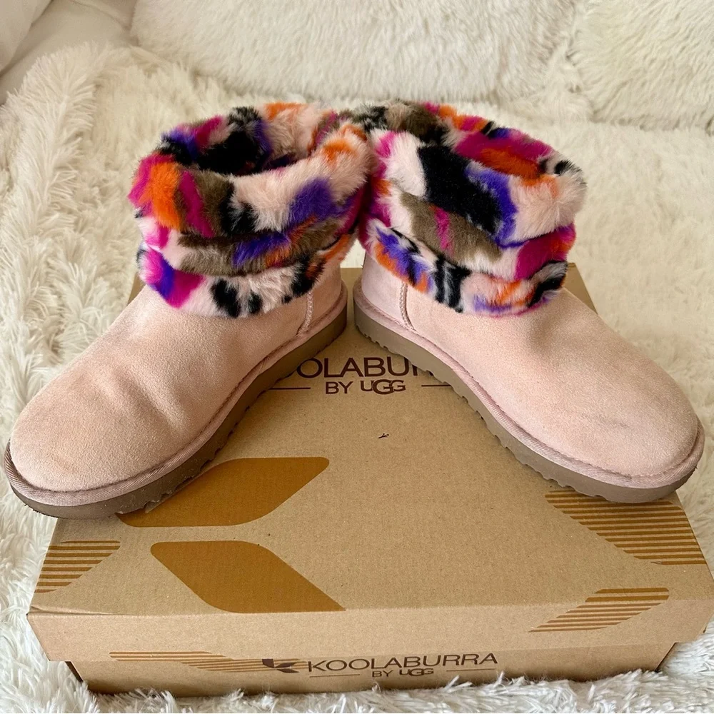 UGG Fluff Mini Quilted Motlee Pink Suede Multicolor Fur Cuff Ankle Boots Size 7